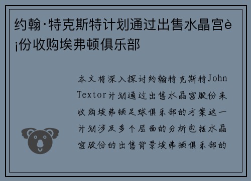 约翰·特克斯特计划通过出售水晶宫股份收购埃弗顿俱乐部 约翰·特克斯特计划通过出售水晶宫股份收购埃弗顿俱乐部