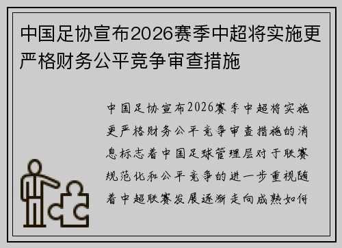 中国足协宣布2026赛季中超将实施更严格财务公平竞争审查措施