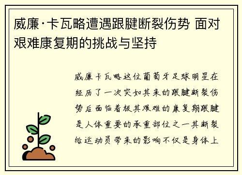 威廉·卡瓦略遭遇跟腱断裂伤势 面对艰难康复期的挑战与坚持